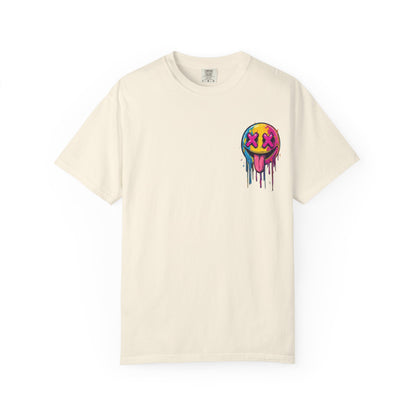 T-Shirt — ‘Allegedly’ Pastel Drip Smiley & Knife Graphic Tee