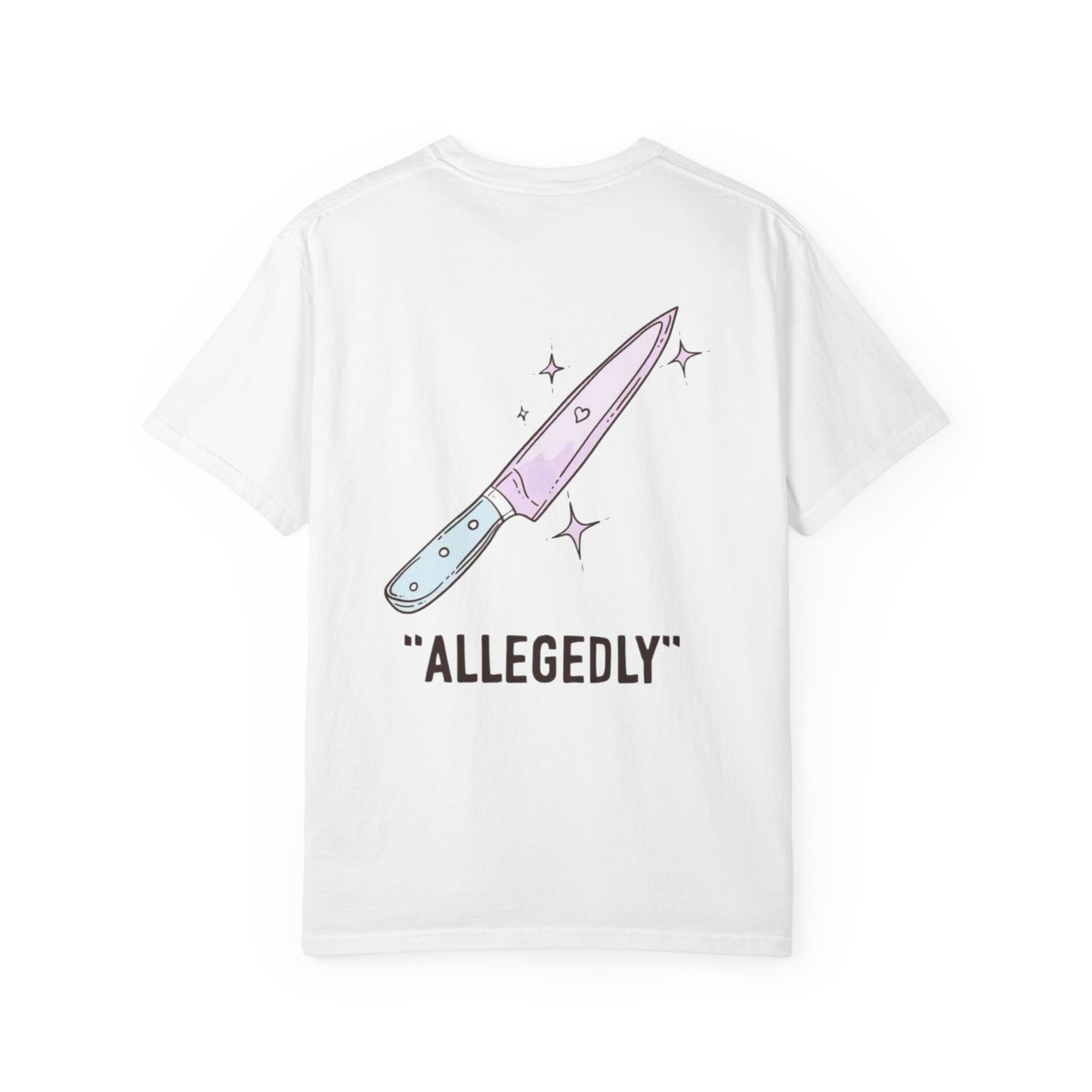 T-Shirt — ‘Allegedly’ Pastel Drip Smiley & Knife Graphic Tee