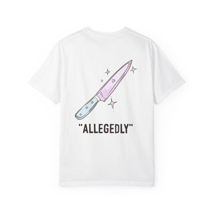 T-Shirt — ‘Allegedly’ Pastel Drip Smiley & Knife Graphic Tee