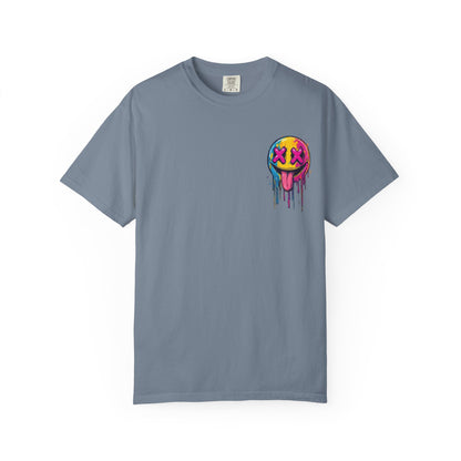 T-Shirt — ‘Allegedly’ Pastel Drip Smiley & Knife Graphic Tee