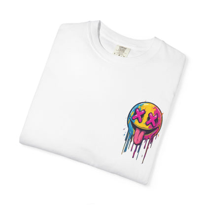 T-Shirt — ‘Allegedly’ Pastel Drip Smiley & Knife Graphic Tee