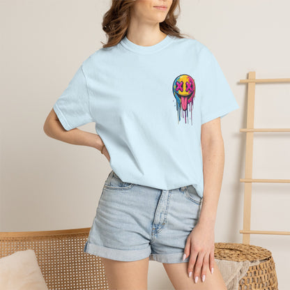T-Shirt — ‘Allegedly’ Pastel Drip Smiley & Knife Graphic Tee