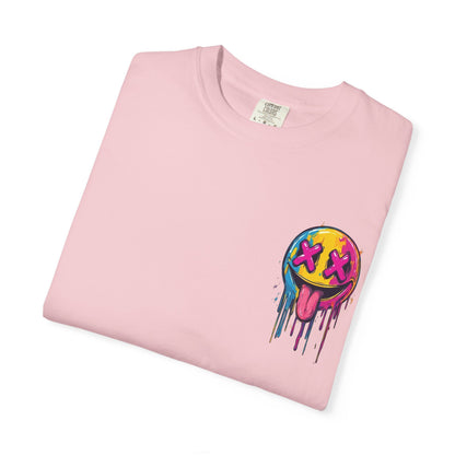 T-Shirt — ‘Allegedly’ Pastel Drip Smiley & Knife Graphic Tee