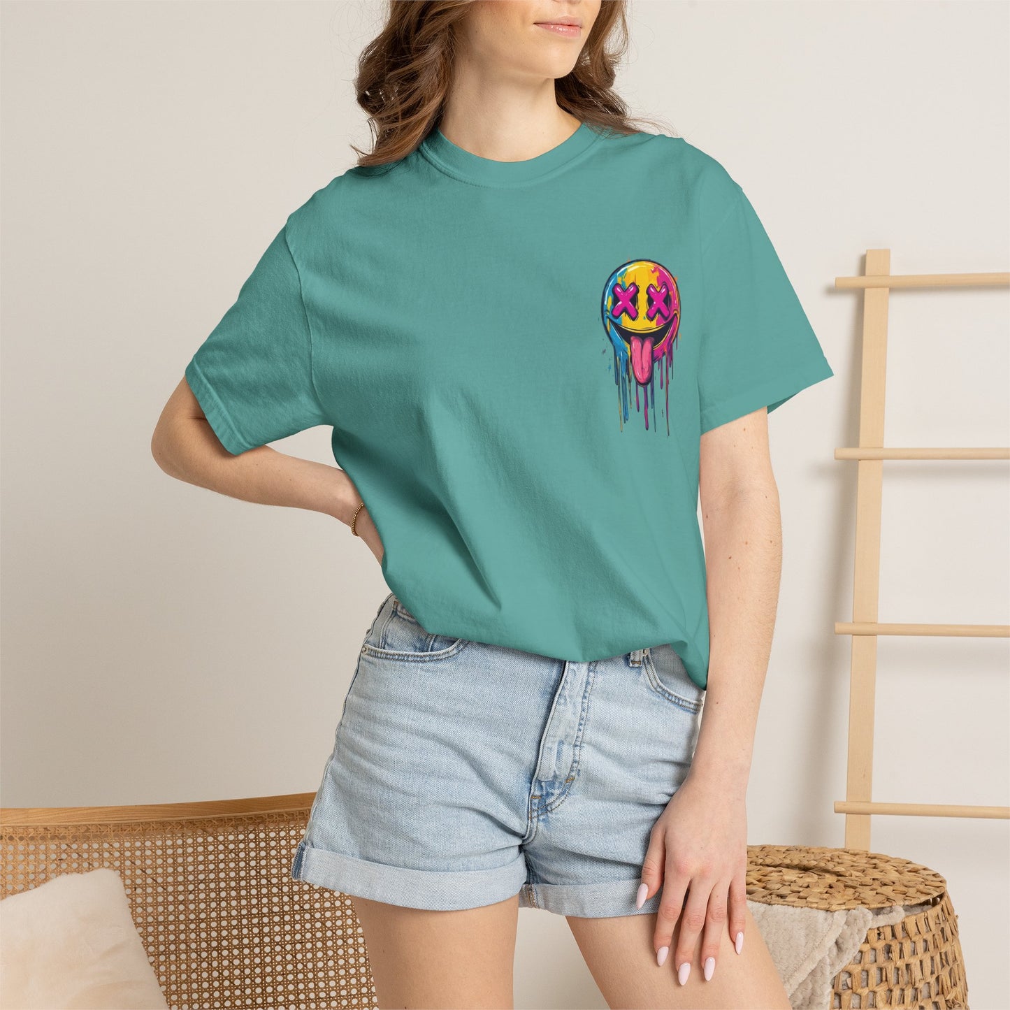 T-Shirt — ‘Allegedly’ Pastel Drip Smiley & Knife Graphic Tee