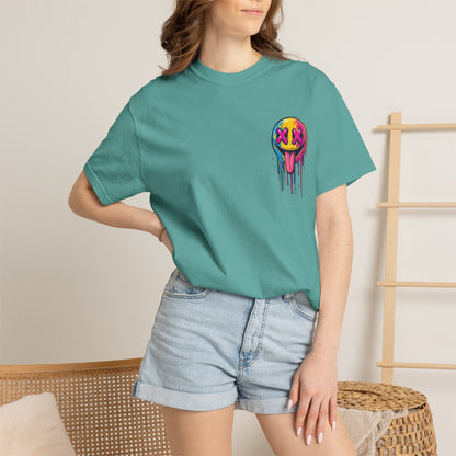T-Shirt — ‘Allegedly’ Pastel Drip Smiley & Knife Graphic Tee