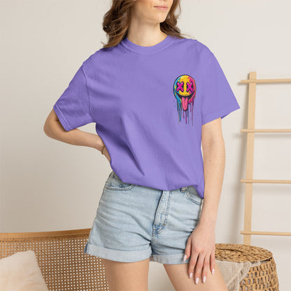 T-Shirt — ‘Allegedly’ Pastel Drip Smiley & Knife Graphic Tee