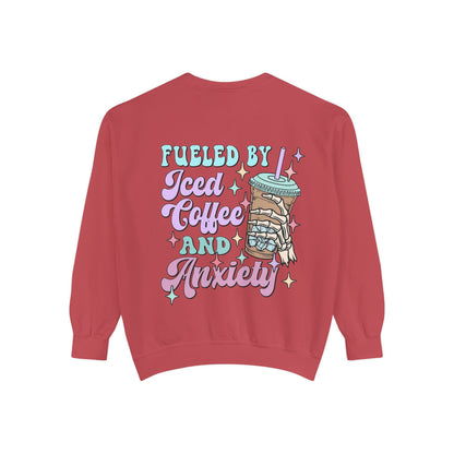 Sweatshirt — "Fueled by Iced Coffee and Anxiety" Cozy Graphic Pullover
