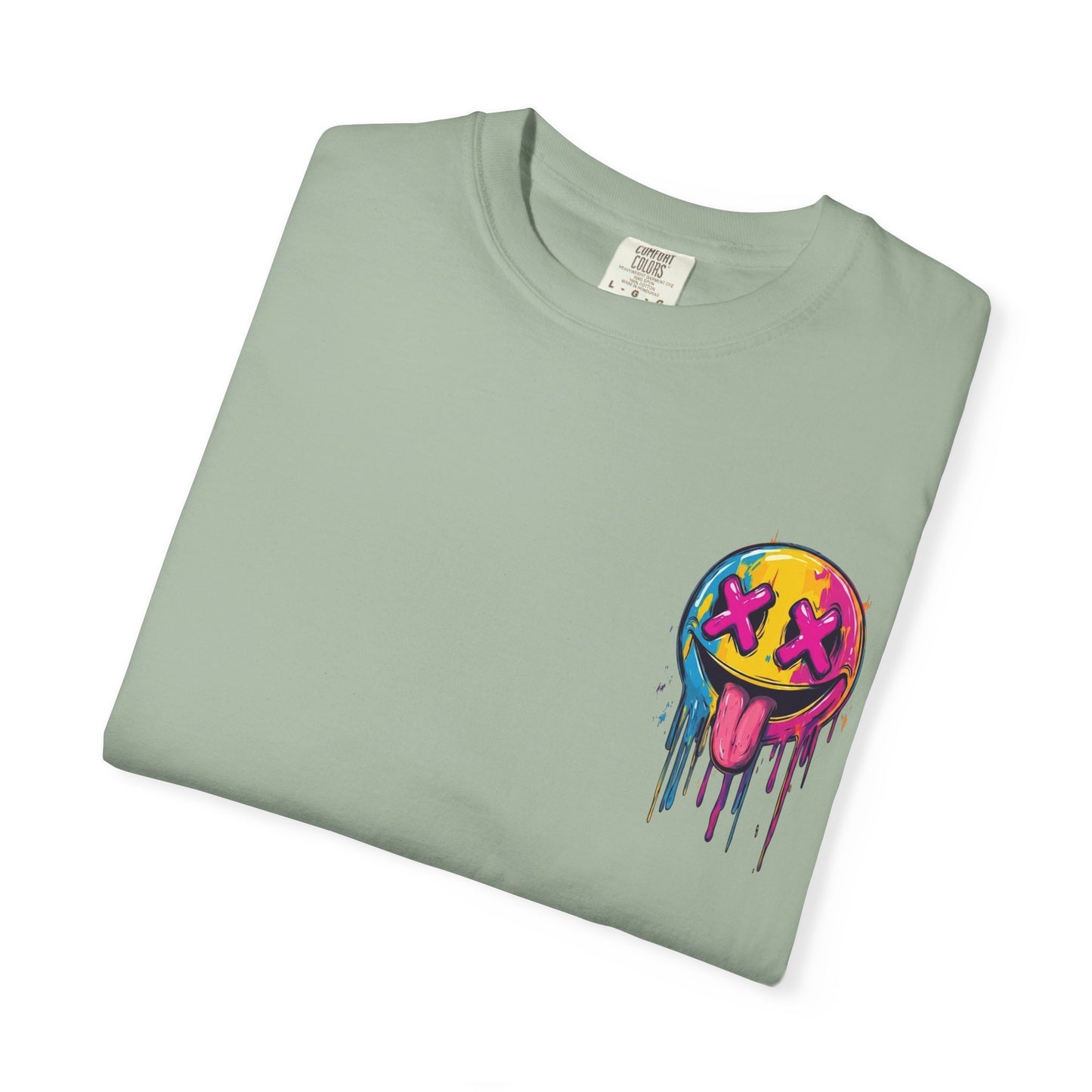 T-Shirt — ‘Allegedly’ Pastel Drip Smiley & Knife Graphic Tee