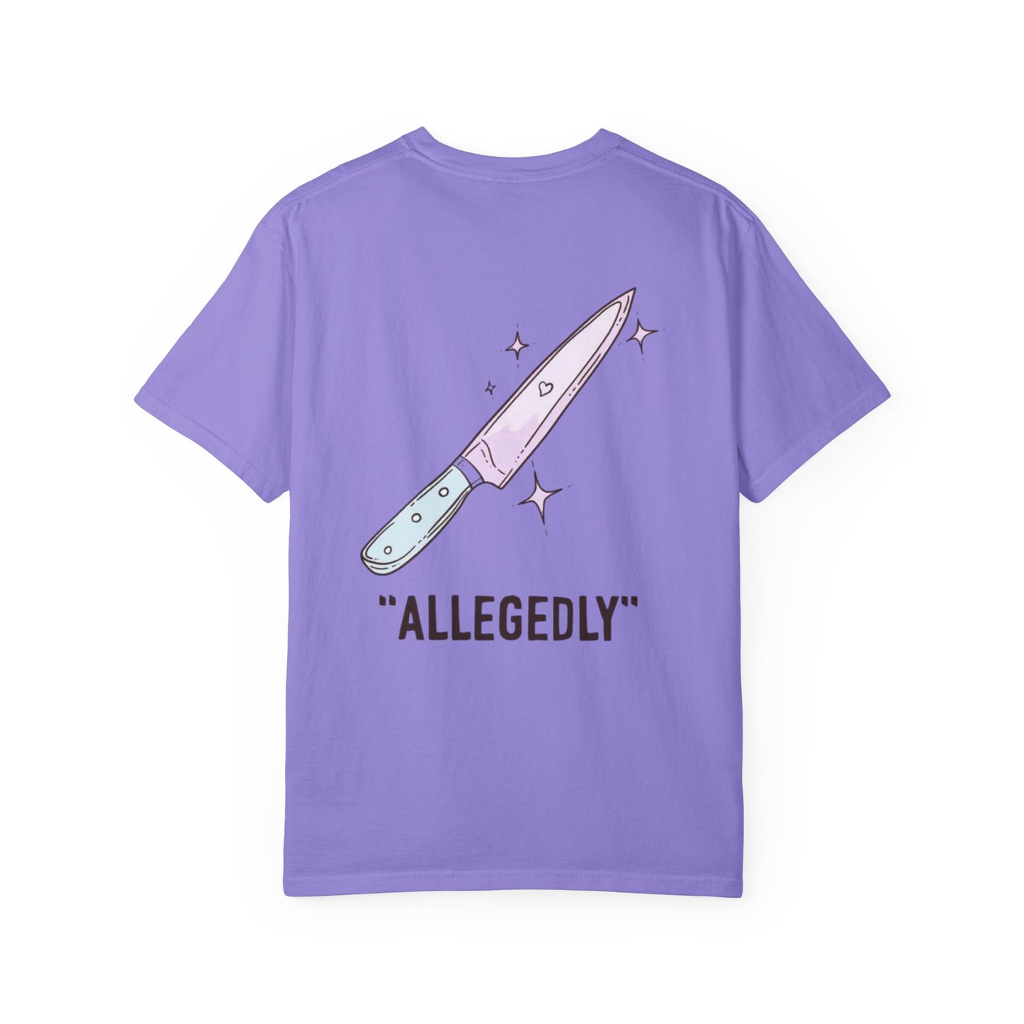 T-Shirt — ‘Allegedly’ Pastel Drip Smiley & Knife Graphic Tee