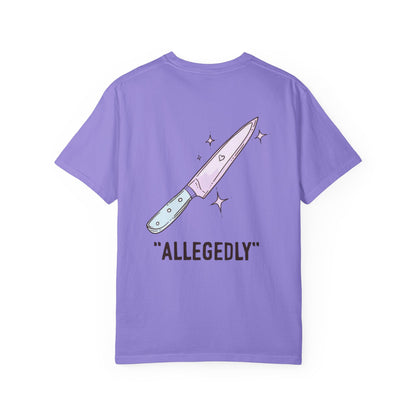T-Shirt — ‘Allegedly’ Pastel Drip Smiley & Knife Graphic Tee