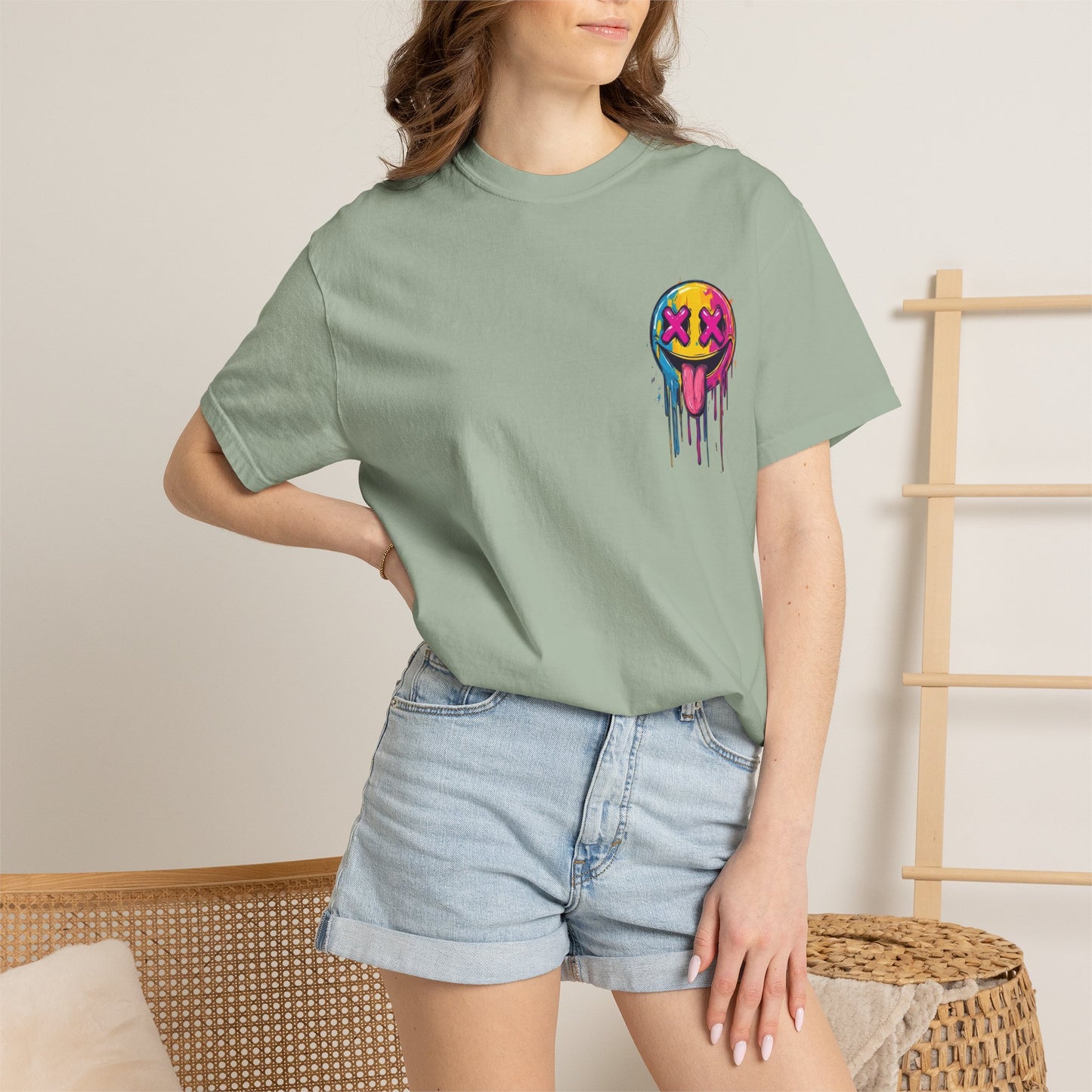 T-Shirt — ‘Allegedly’ Pastel Drip Smiley & Knife Graphic Tee