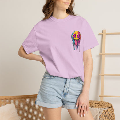 T-Shirt — ‘Allegedly’ Pastel Drip Smiley & Knife Graphic Tee