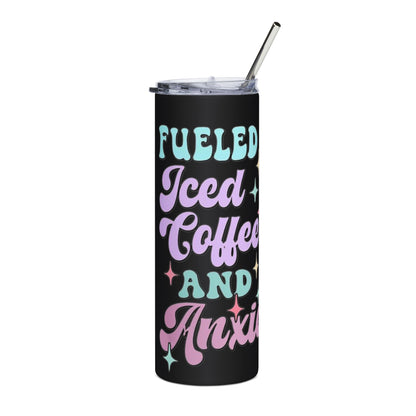20oz Stainless Tumbler — "Fueled by Iced Coffee and Anxiety" Pastel Travel Cup