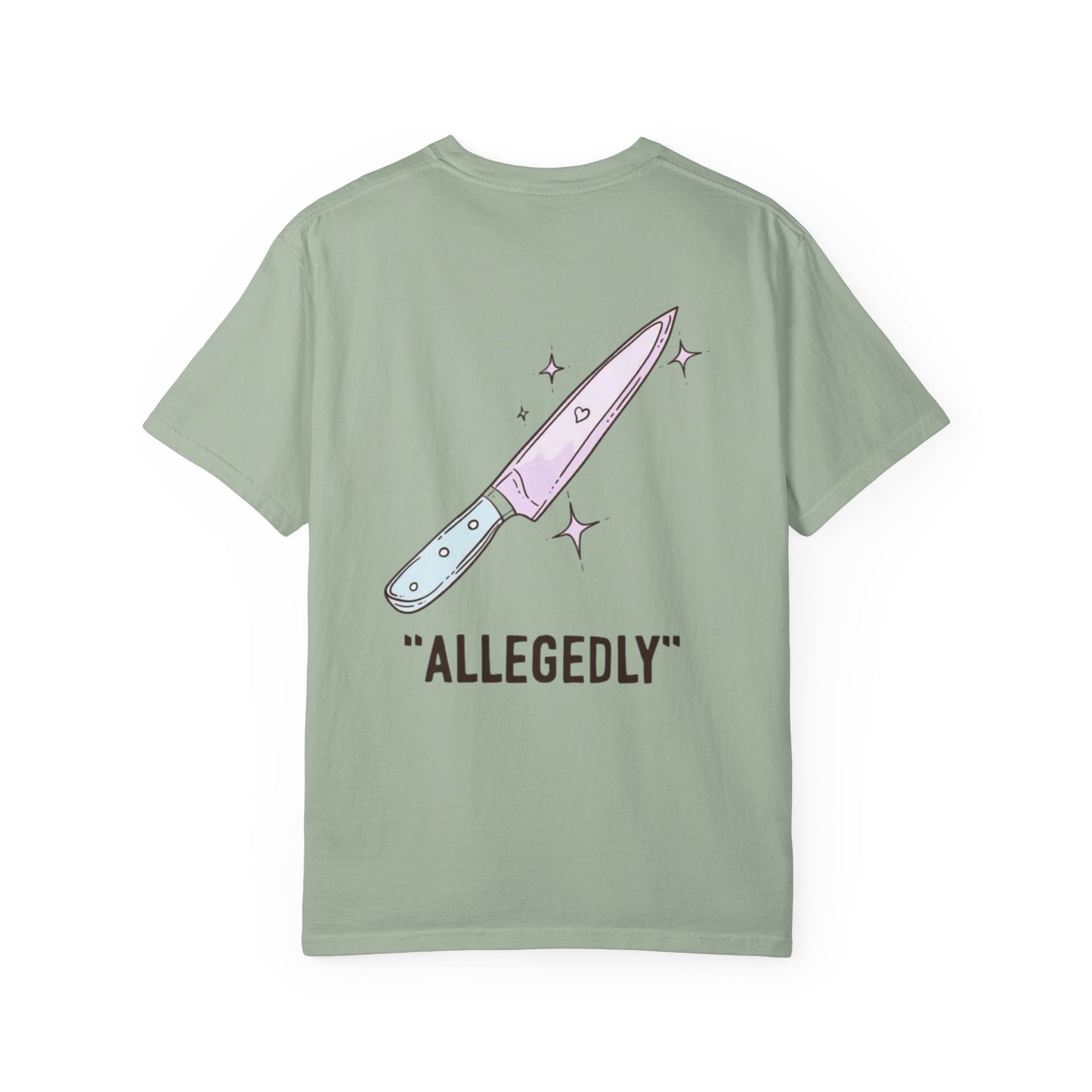 T-Shirt — ‘Allegedly’ Pastel Drip Smiley & Knife Graphic Tee