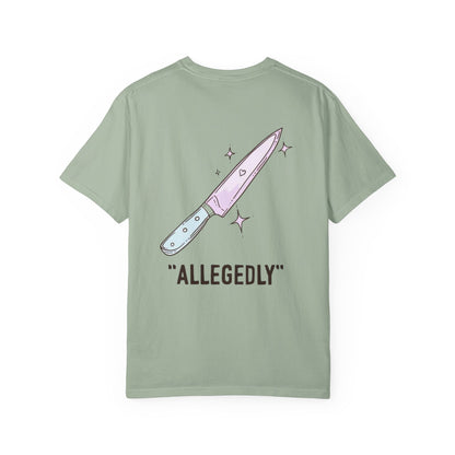 T-Shirt — ‘Allegedly’ Pastel Drip Smiley & Knife Graphic Tee