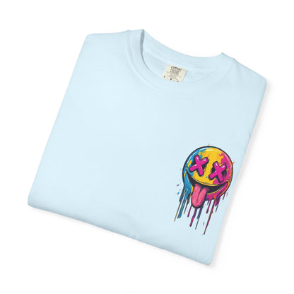 T-Shirt — ‘Allegedly’ Pastel Drip Smiley & Knife Graphic Tee