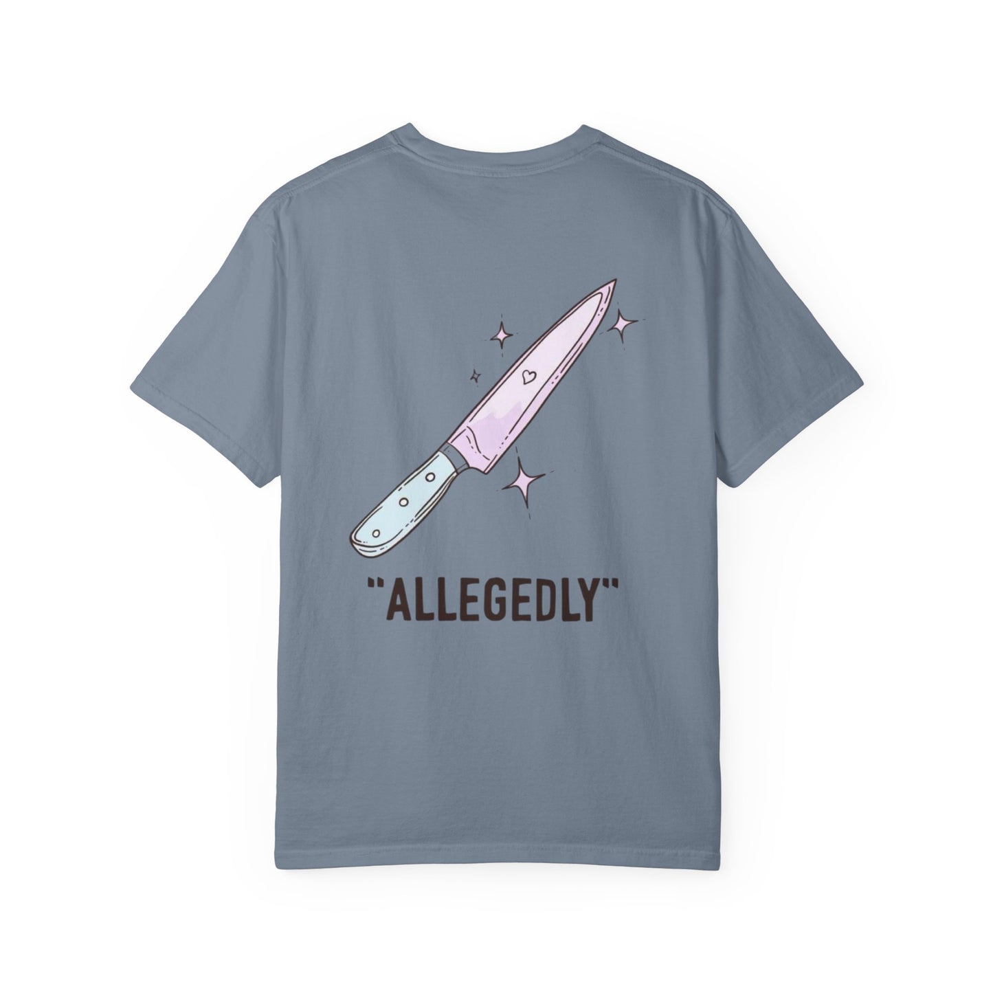 T-Shirt — ‘Allegedly’ Pastel Drip Smiley & Knife Graphic Tee