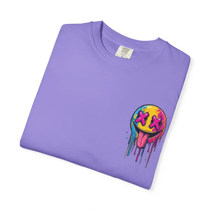 T-Shirt — ‘Allegedly’ Pastel Drip Smiley & Knife Graphic Tee