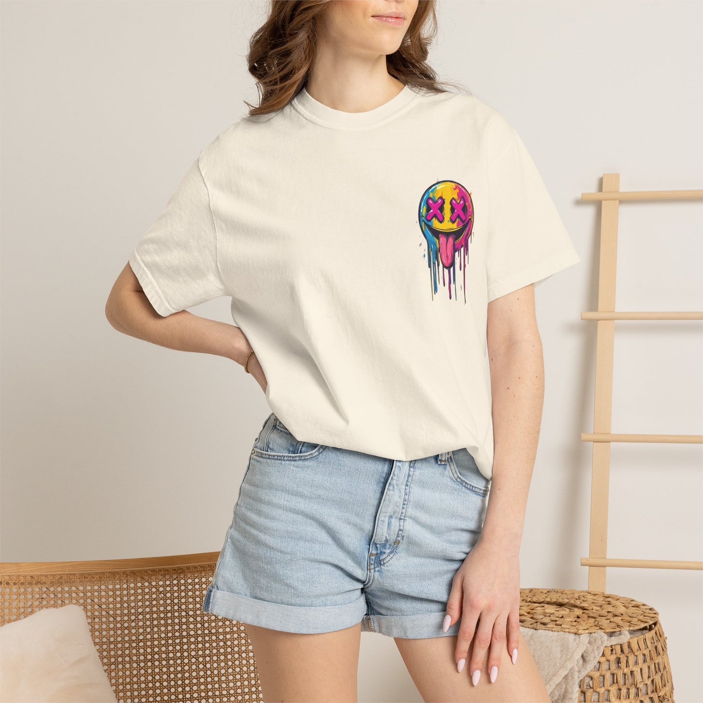 T-Shirt — ‘Allegedly’ Pastel Drip Smiley & Knife Graphic Tee