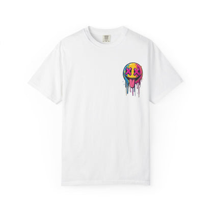 T-Shirt — ‘Allegedly’ Pastel Drip Smiley & Knife Graphic Tee
