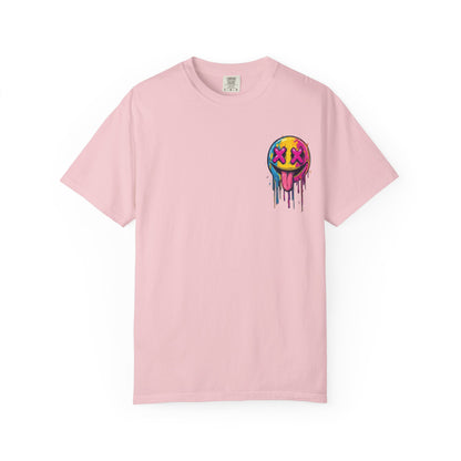 T-Shirt — ‘Allegedly’ Pastel Drip Smiley & Knife Graphic Tee