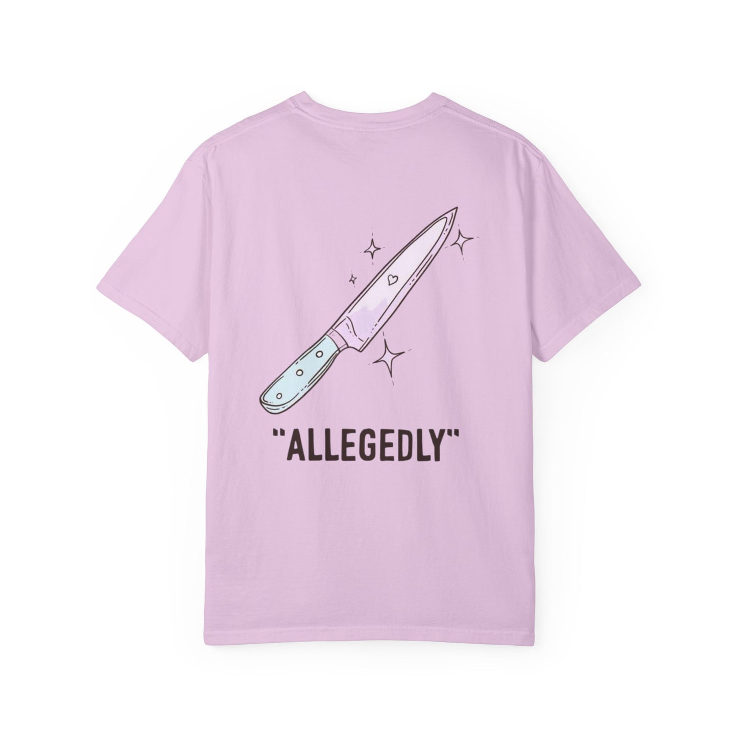 T-Shirt — ‘Allegedly’ Pastel Drip Smiley & Knife Graphic Tee