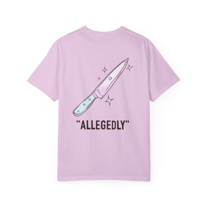 T-Shirt — ‘Allegedly’ Pastel Drip Smiley & Knife Graphic Tee
