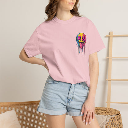 T-Shirt — ‘Allegedly’ Pastel Drip Smiley & Knife Graphic Tee