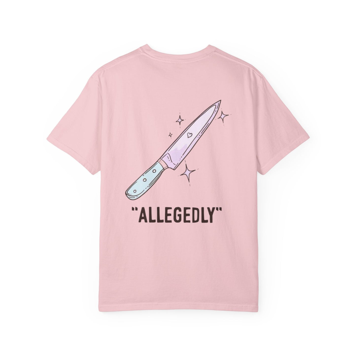 T-Shirt — ‘Allegedly’ Pastel Drip Smiley & Knife Graphic Tee