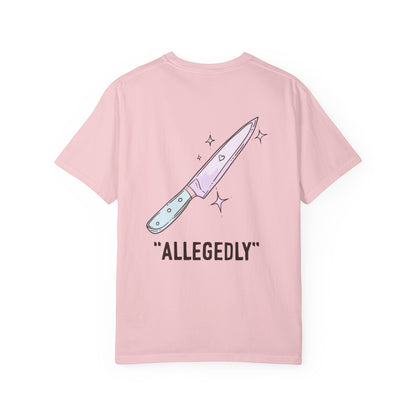 T-Shirt — ‘Allegedly’ Pastel Drip Smiley & Knife Graphic Tee