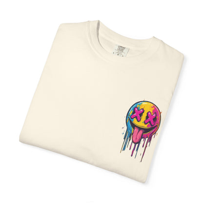 T-Shirt — ‘Allegedly’ Pastel Drip Smiley & Knife Graphic Tee