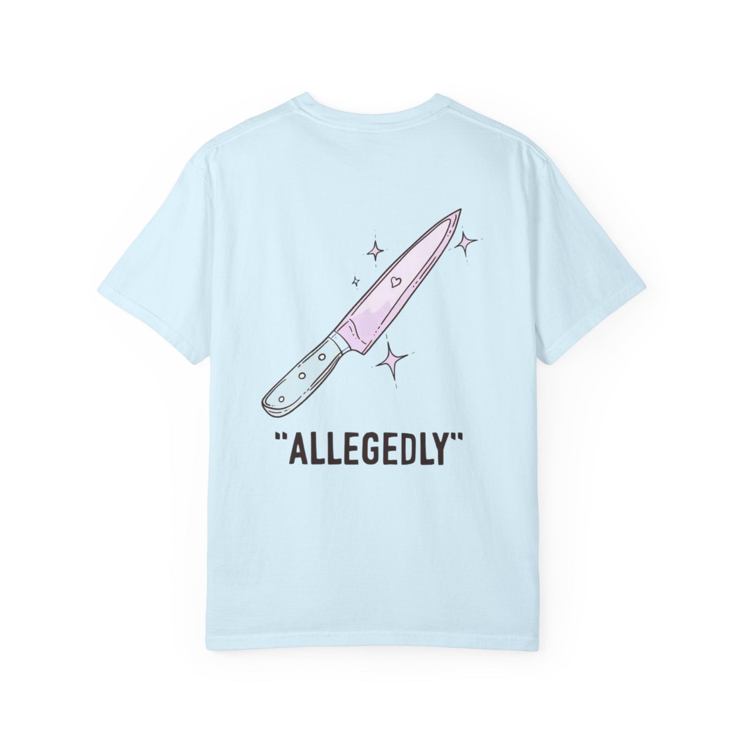 T-Shirt — ‘Allegedly’ Pastel Drip Smiley & Knife Graphic Tee