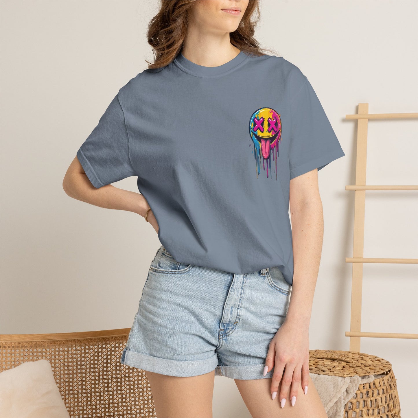 T-Shirt — ‘Allegedly’ Pastel Drip Smiley & Knife Graphic Tee