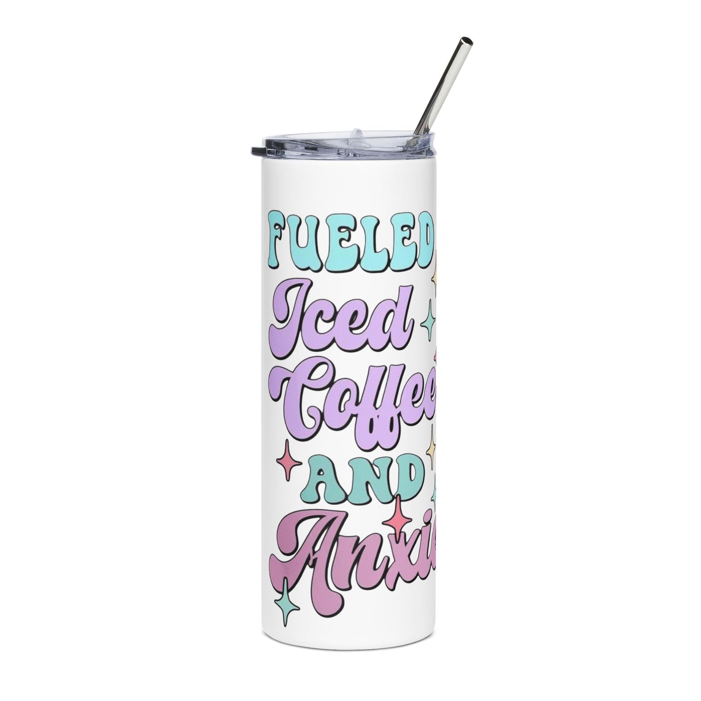 20oz Stainless Tumbler — "Fueled by Iced Coffee and Anxiety" Pastel Travel Cup