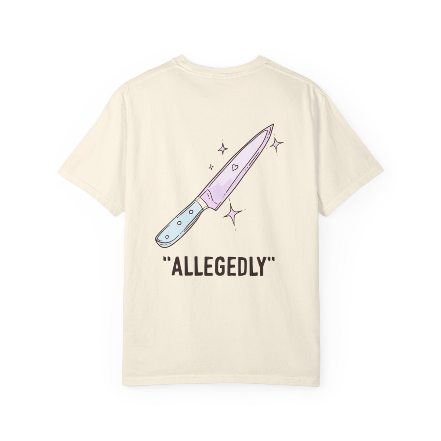 T-Shirt — ‘Allegedly’ Pastel Drip Smiley & Knife Graphic Tee