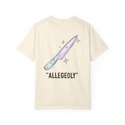 T-Shirt — ‘Allegedly’ Pastel Drip Smiley & Knife Graphic Tee