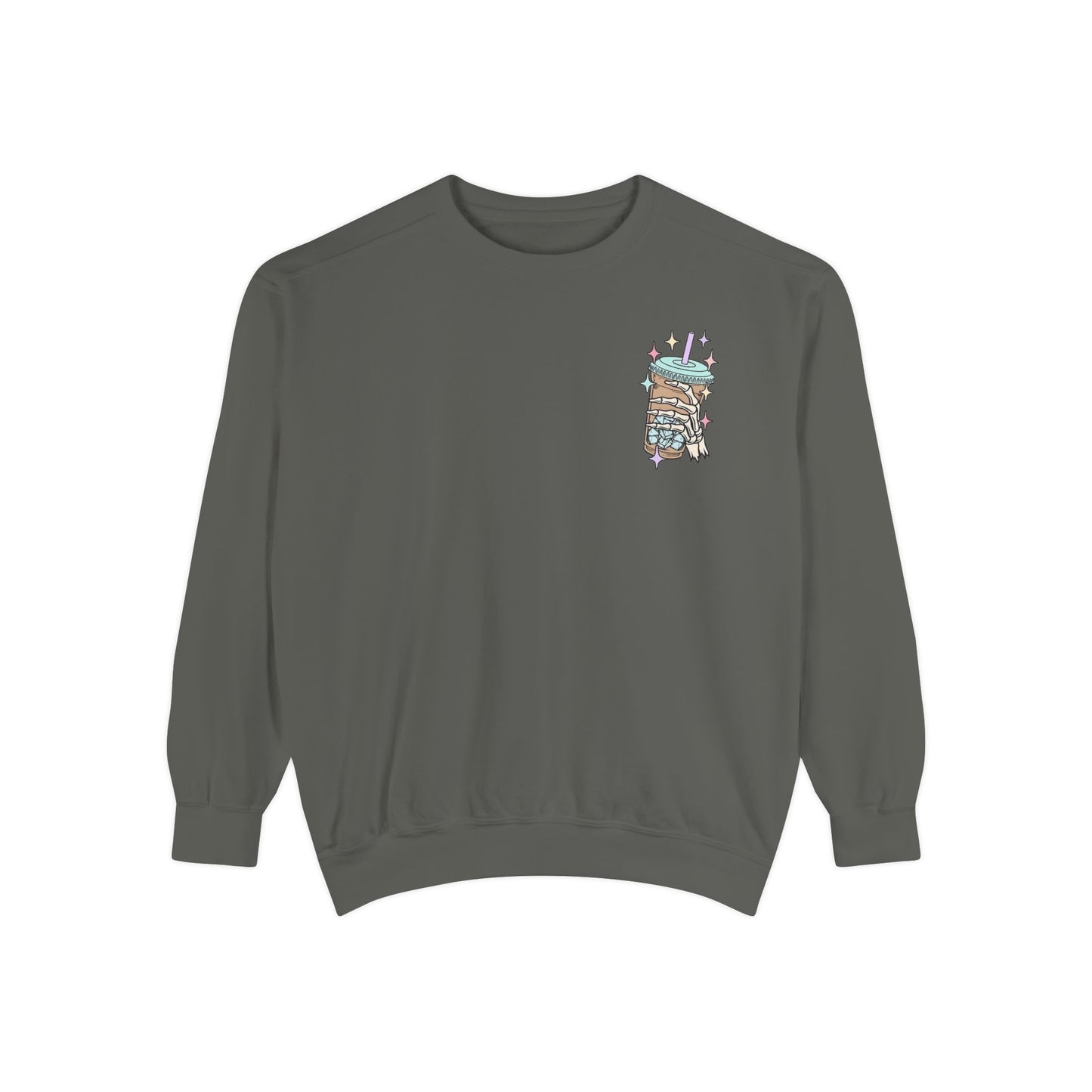 Sweatshirt — "Fueled by Iced Coffee and Anxiety" Cozy Graphic Pullover