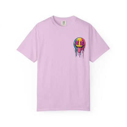 T-Shirt — ‘Allegedly’ Pastel Drip Smiley & Knife Graphic Tee
