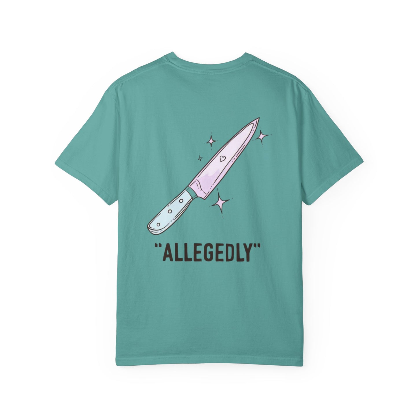 T-Shirt — ‘Allegedly’ Pastel Drip Smiley & Knife Graphic Tee