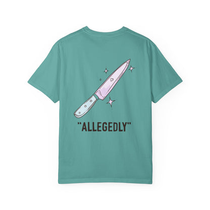 T-Shirt — ‘Allegedly’ Pastel Drip Smiley & Knife Graphic Tee