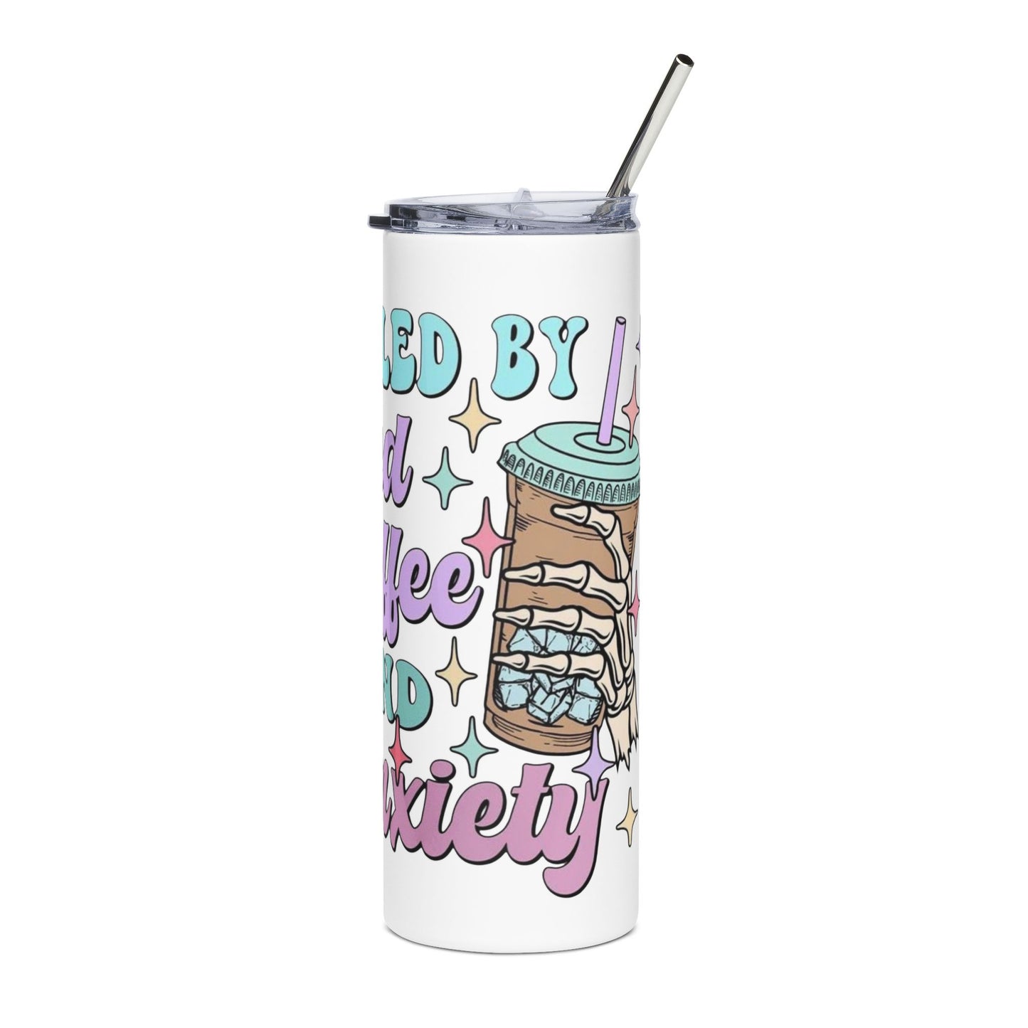 20oz Stainless Tumbler — "Fueled by Iced Coffee and Anxiety" Pastel Travel Cup