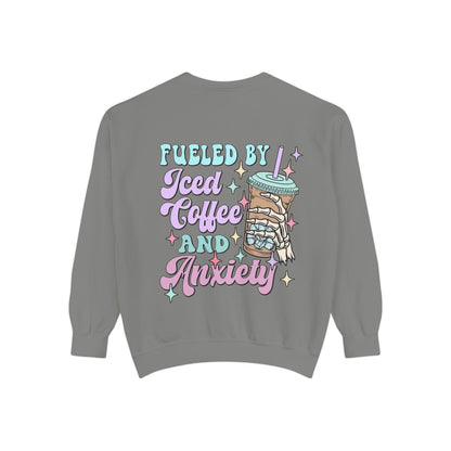 Sweatshirt — "Fueled by Iced Coffee and Anxiety" Cozy Graphic Pullover